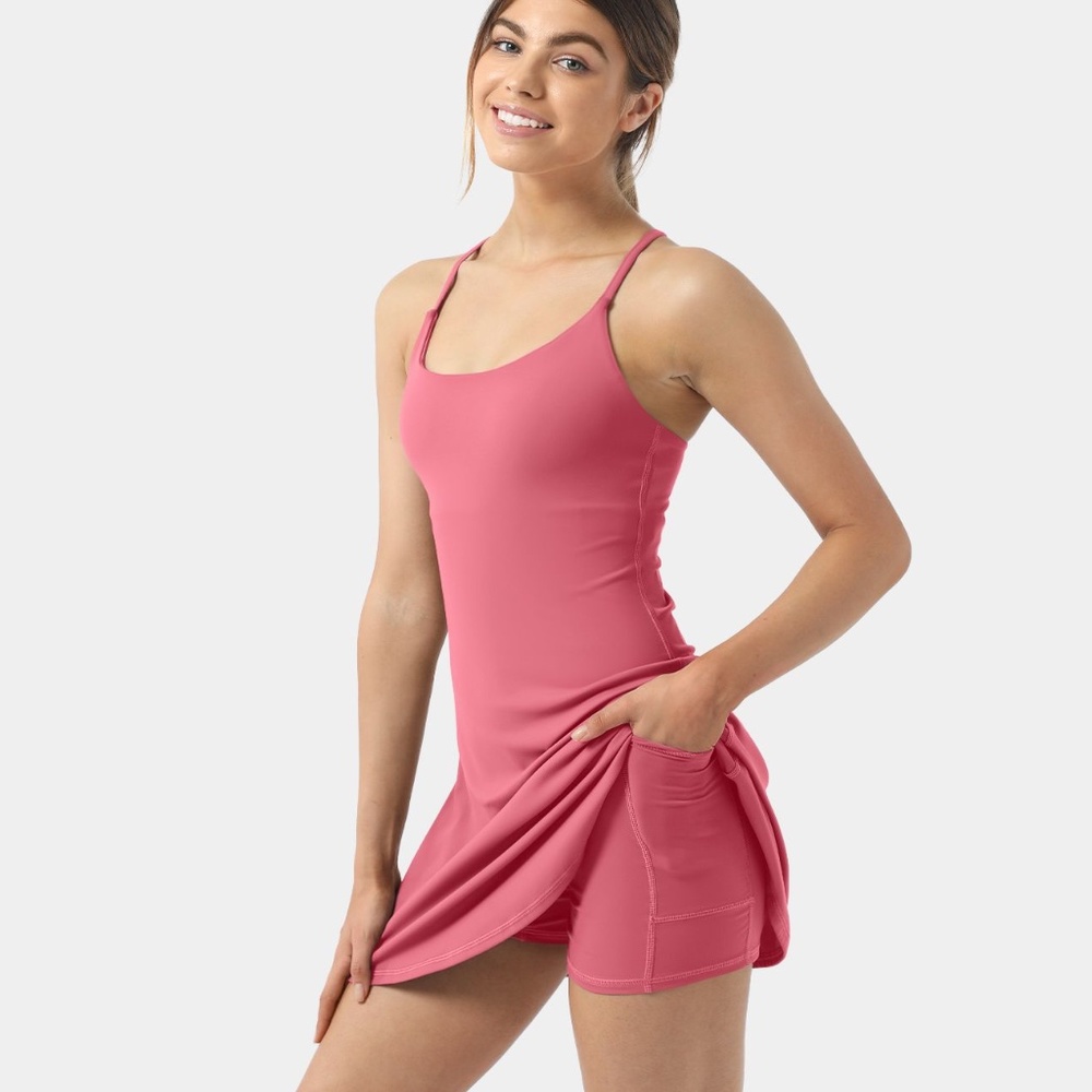 Halara Fabric Backless 2-in-1 Flare Workout Dress-Wannabe. color: pink